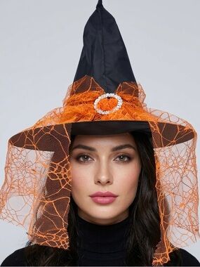 Orange and Black Spiderweb Witch Hat with Veil